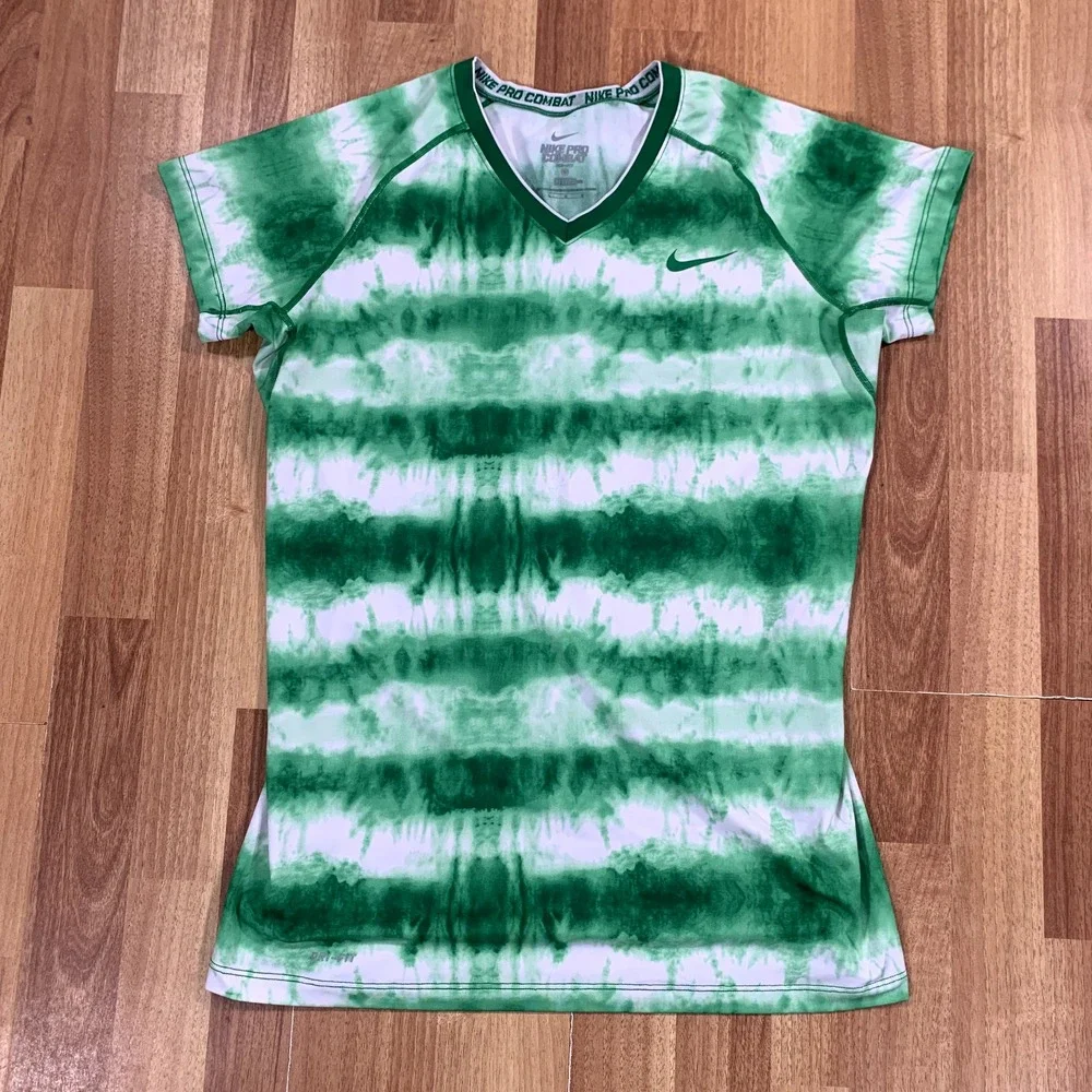 Nike Pro Shirt Womens Large L Green White Fitted V Neck Short Sleeve Dri Fit Tee